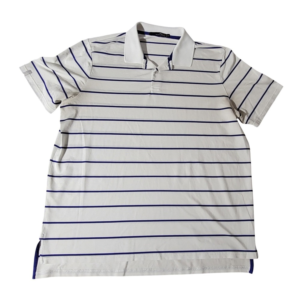 RLX Ralph Lauren Mens XL Striped Performance Golf Polo Shirt White Navy Blue